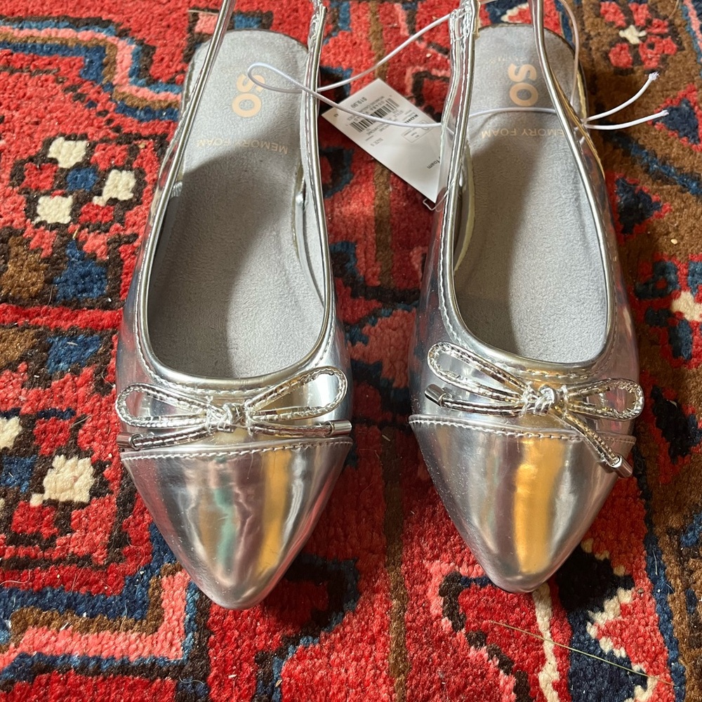 SO Silver Metallic Flats with Bow Detail